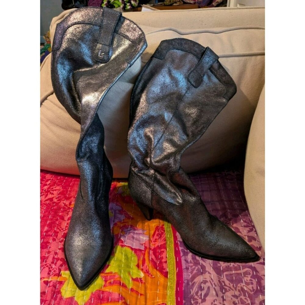 Larroude Louise Graphite Metallic Cowboy Boot NWOB Size 8.5
